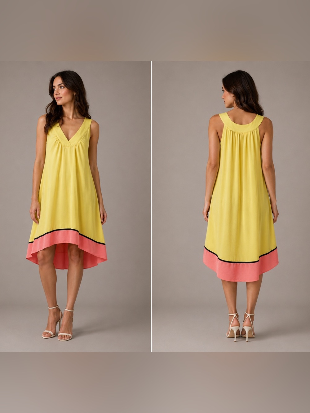 Oleg Cassini Yellow and Coral Sleeveless V-Neck High-Low Dress